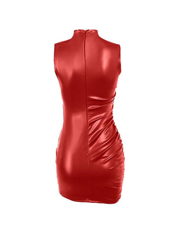 Solid Leather Sleeveless Ruched Mini Dress Product Image