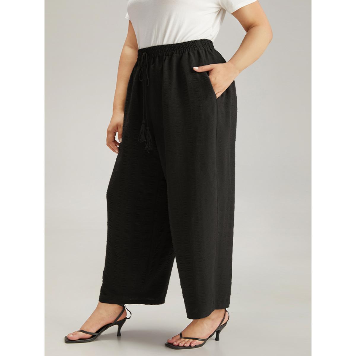 Plus Size Plain Tassel Knot Pocket Elastic Waist Pants Women Black Vacation Straight Leg High Rise Dailywear Pants BloomChic 22-24/3X Product Image