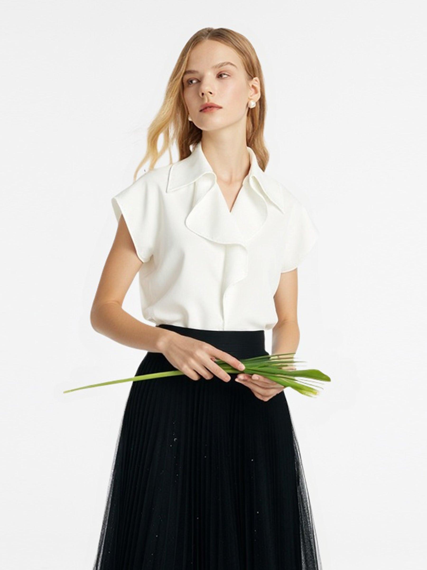 100% Cotton Ruffle Trim Women Blouse Product Image