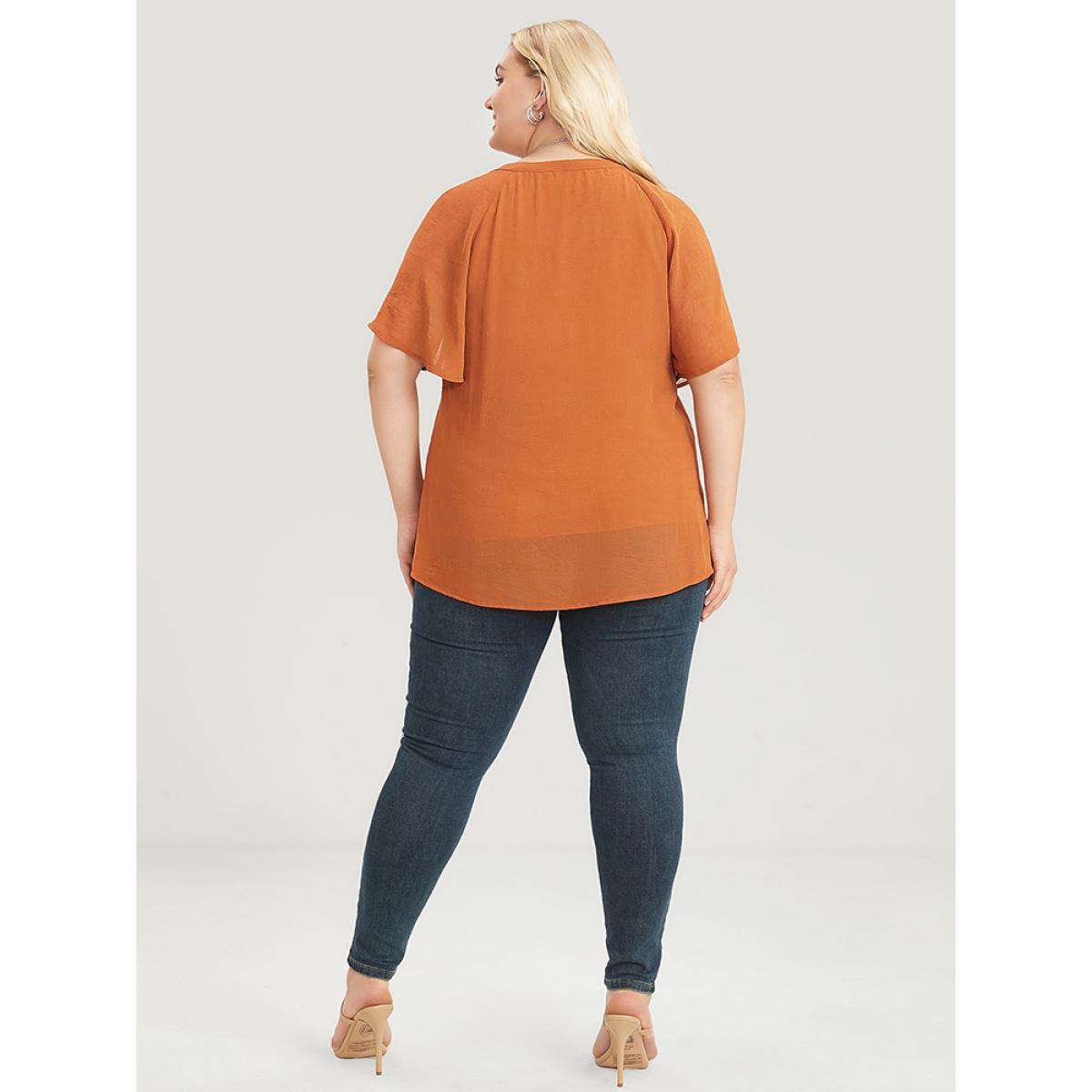 Plus Size Maroon Solid Notched Pleated Mesh Raglan Sleeve Blouse Women Casual Short sleeve V-neck Dailywear Blouses BloomChic 26/4X Product Image