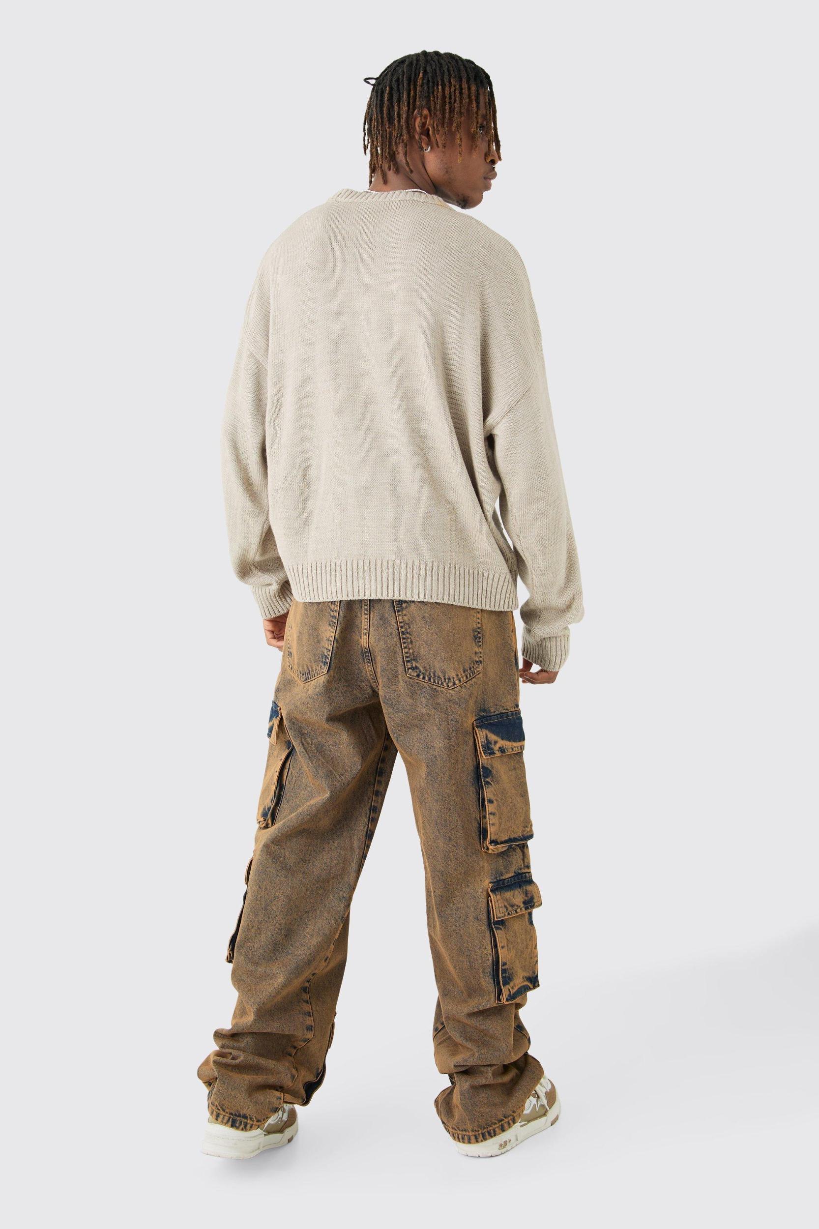 Tall Baggy Fit Acid Wash Cargo Jeans | boohooMAN USA Product Image