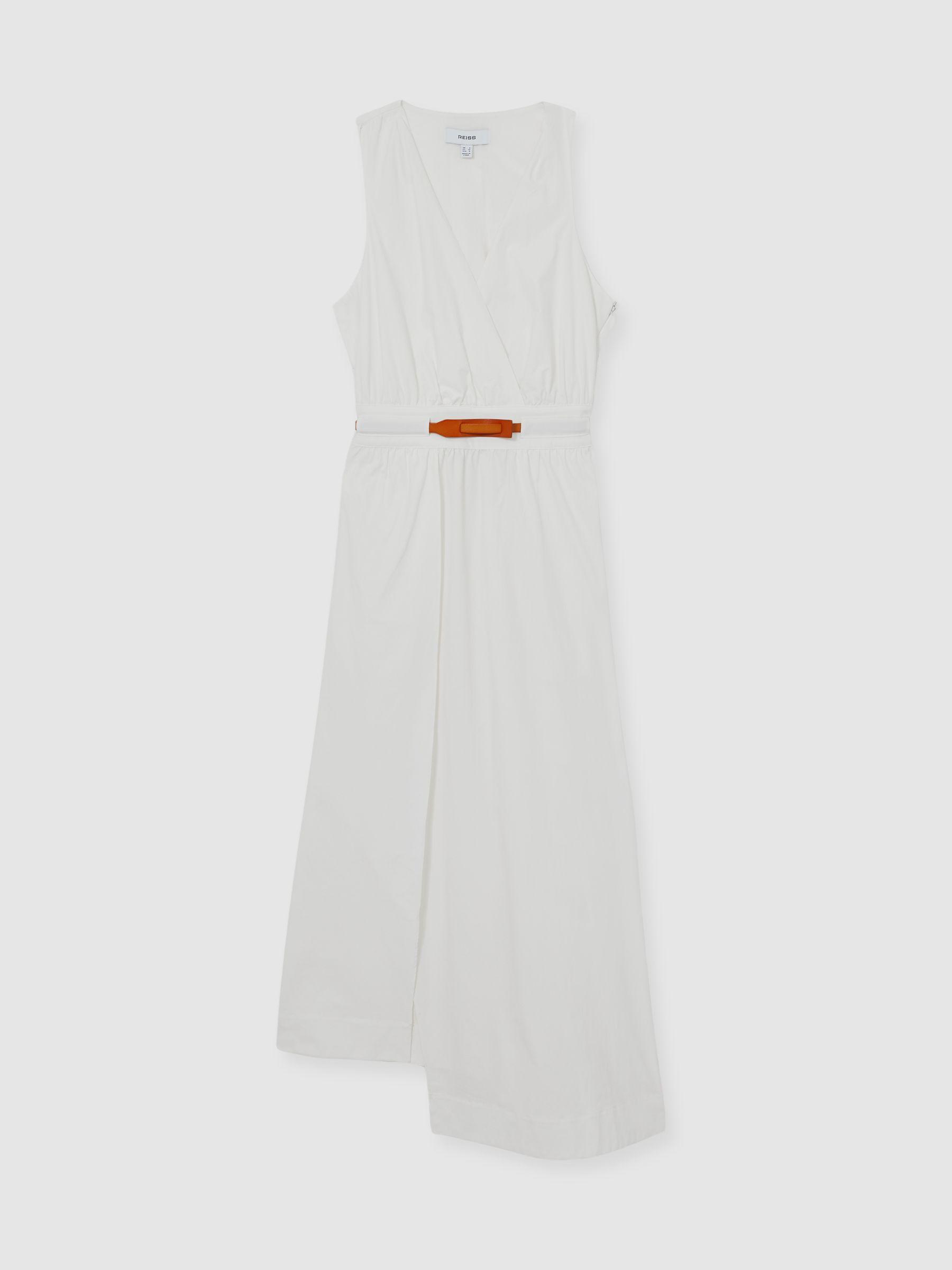 Poplin Belted Split Midi Dress in Ivory Product Image