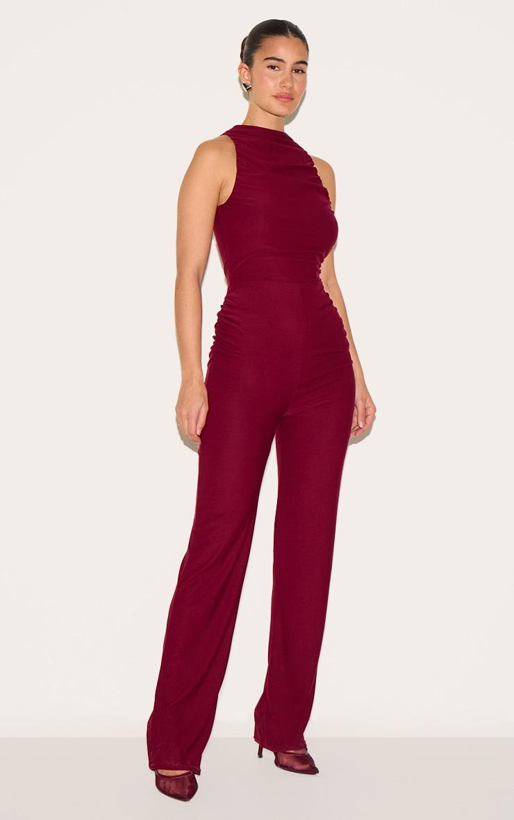 Burgundy Soft Touch Ruched Straight Leg Jumpsuit Product Image