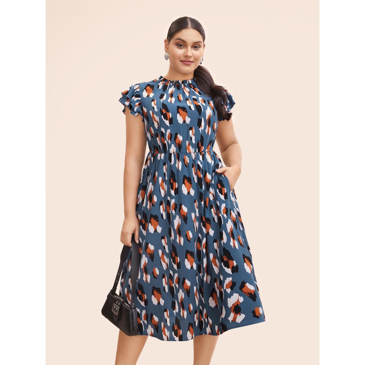 Plus Size Allover Print Frill Trim Flutter Sleeve Dress Aegean Women Office Gathered Mock Neck Sleeveless Curvy Midi Dress BloomChic 18-20/2X Product Image