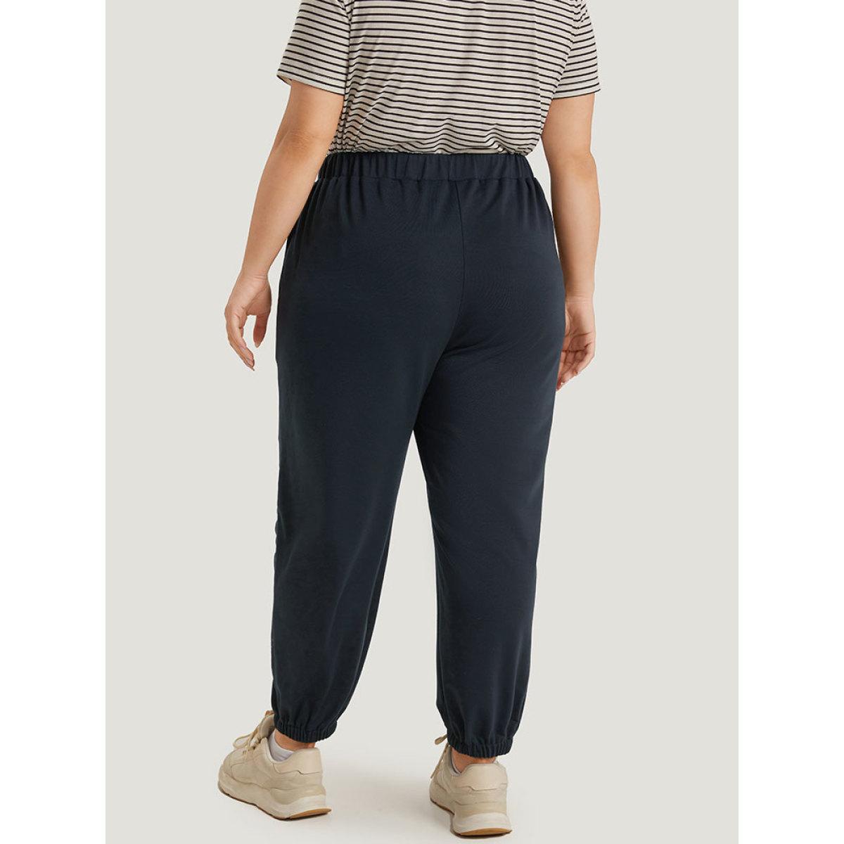 Letter Print Contrast Pocket Elastic Waist Sweatpants Midnight Plus Size Women Casual Dailywear Plain 28/5X Bloomchic Product Image