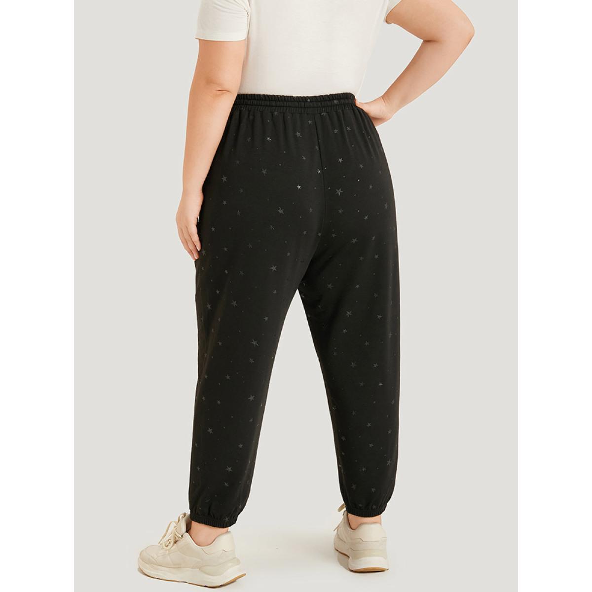 Star Drawstring Slant Pocket Elastic Waist Sweatpants Black Plus Size Women Casual Dailywear Elastic Waist 22-24/3X Bloomchic Product Image