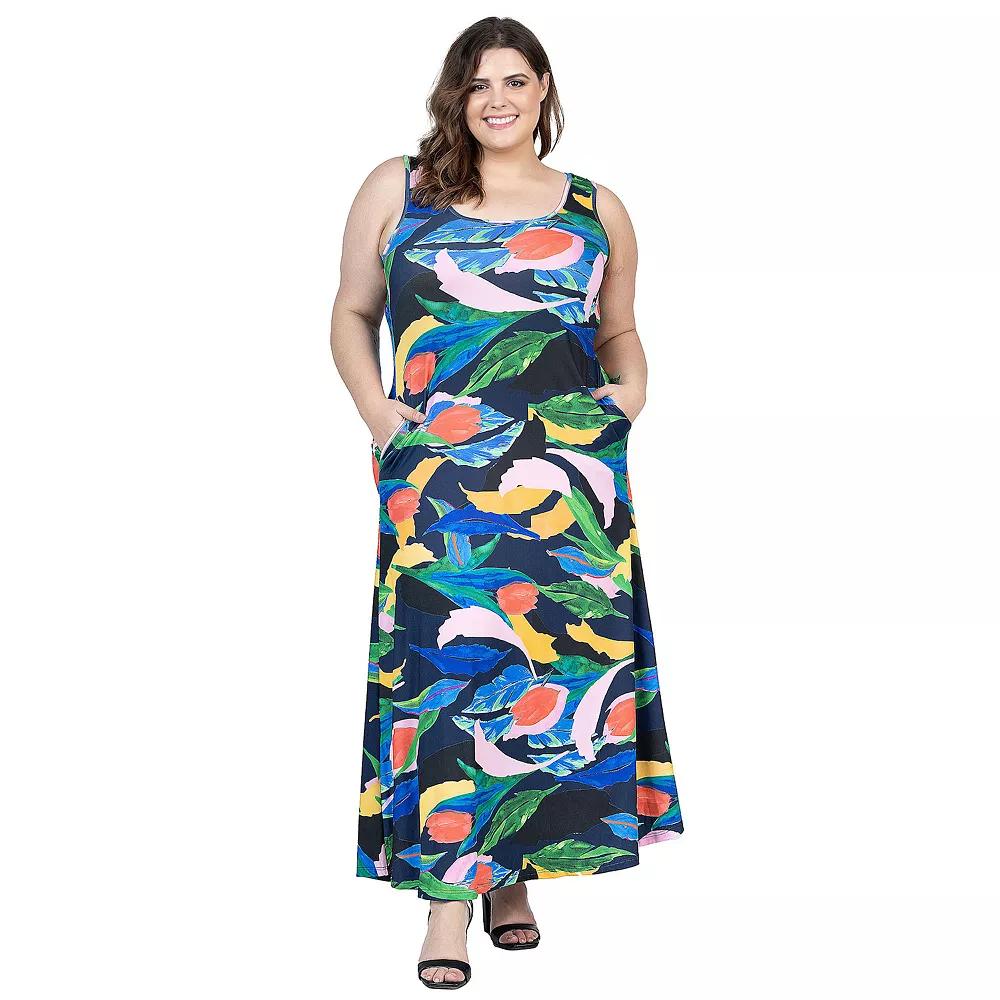 Plus Size 24Seven Comfort Apparel Floral Print Sleeveless Maxi Dress With Pockets, Women's, Size: 3XL, Black Team Product Image