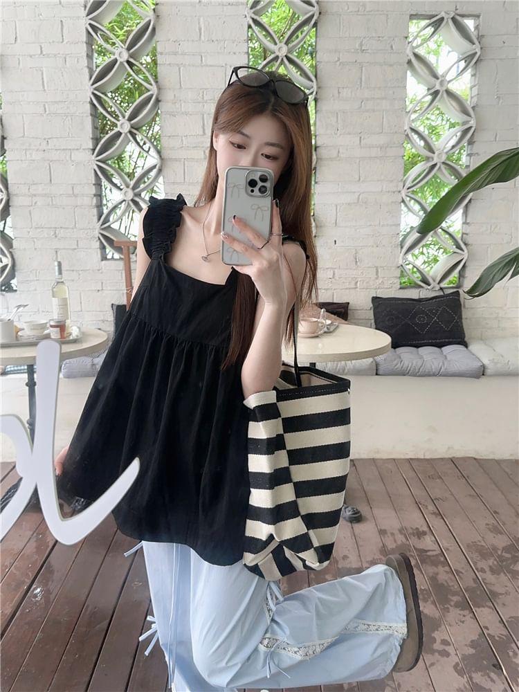 Square Neck Plain Camisole Top / Mid Rise Lace Trim Bow Wide Leg Pants Product Image
