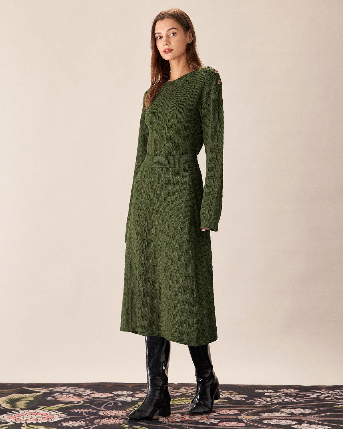 Green Elastic Waist Knit Midi Skirt Product Image