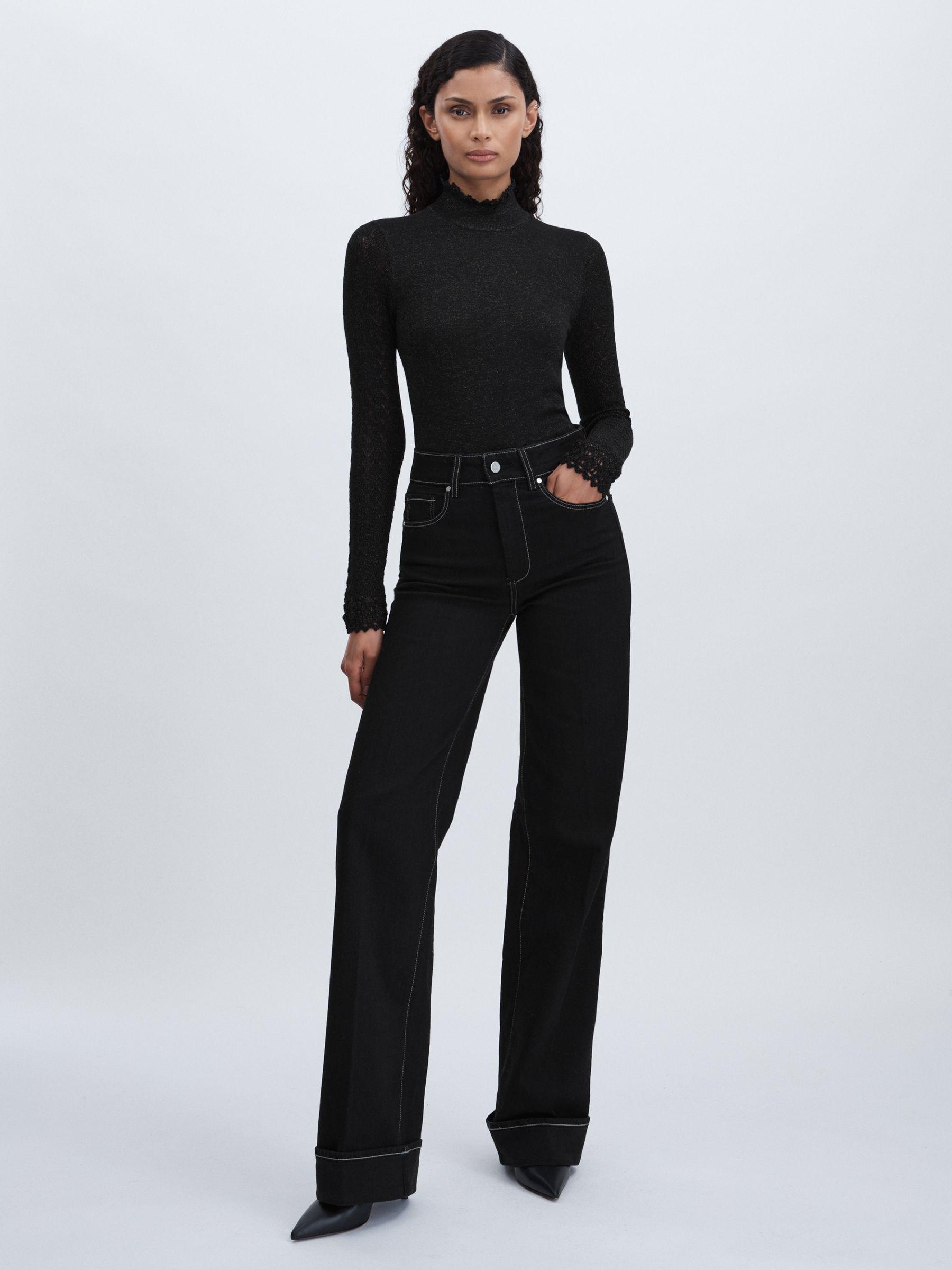 Paige Metallic Thread Pointelle Stitch Top in Black Product Image