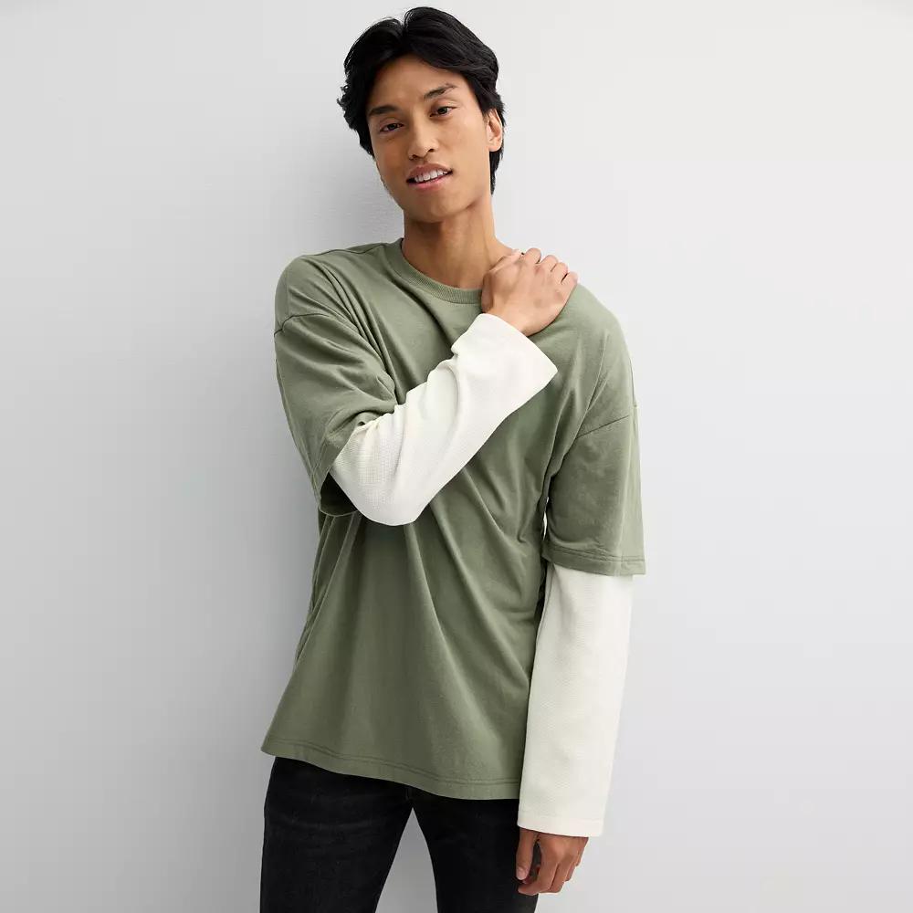 Men's Hollywood Long Sleeve Oversized Mock Two-Fer Tee, Size: Large, Overcast Product Image