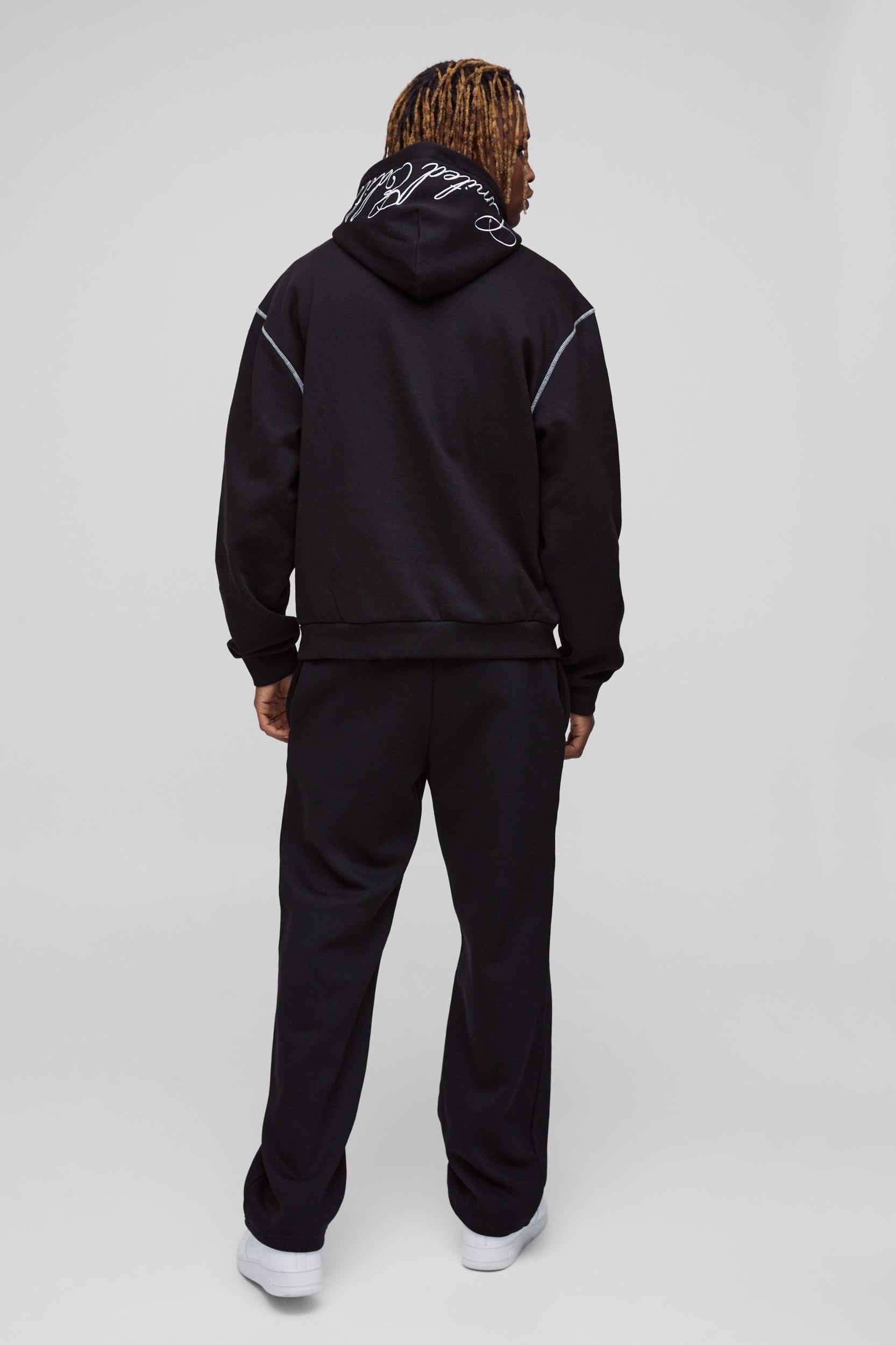 Tall Oversized Boxy Twill Applique Contrast Stitch Hoodie | boohooMAN USA Product Image