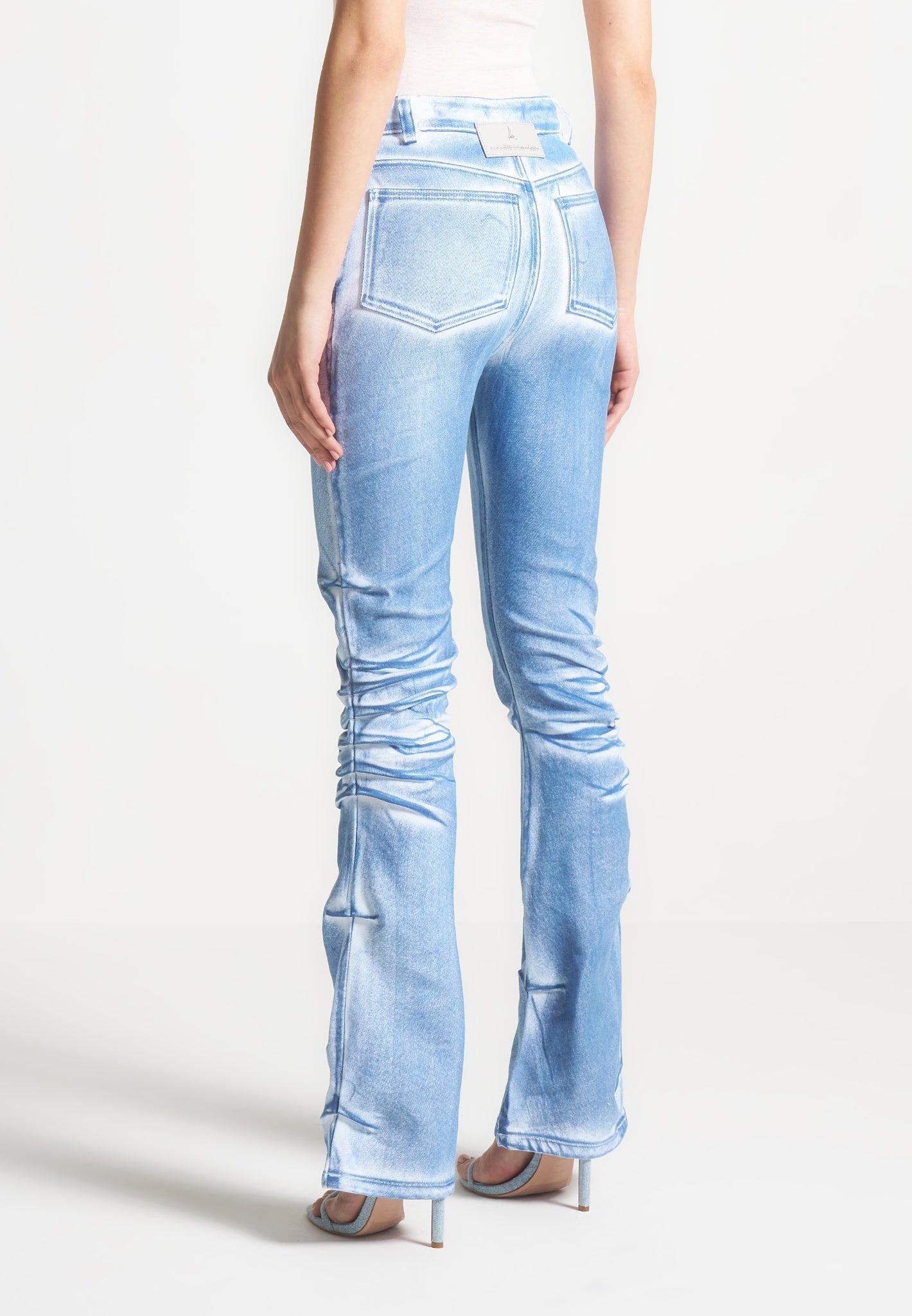 Denim Effect Tacked Fit and Flare Jeans - White/Blue Female Product Image