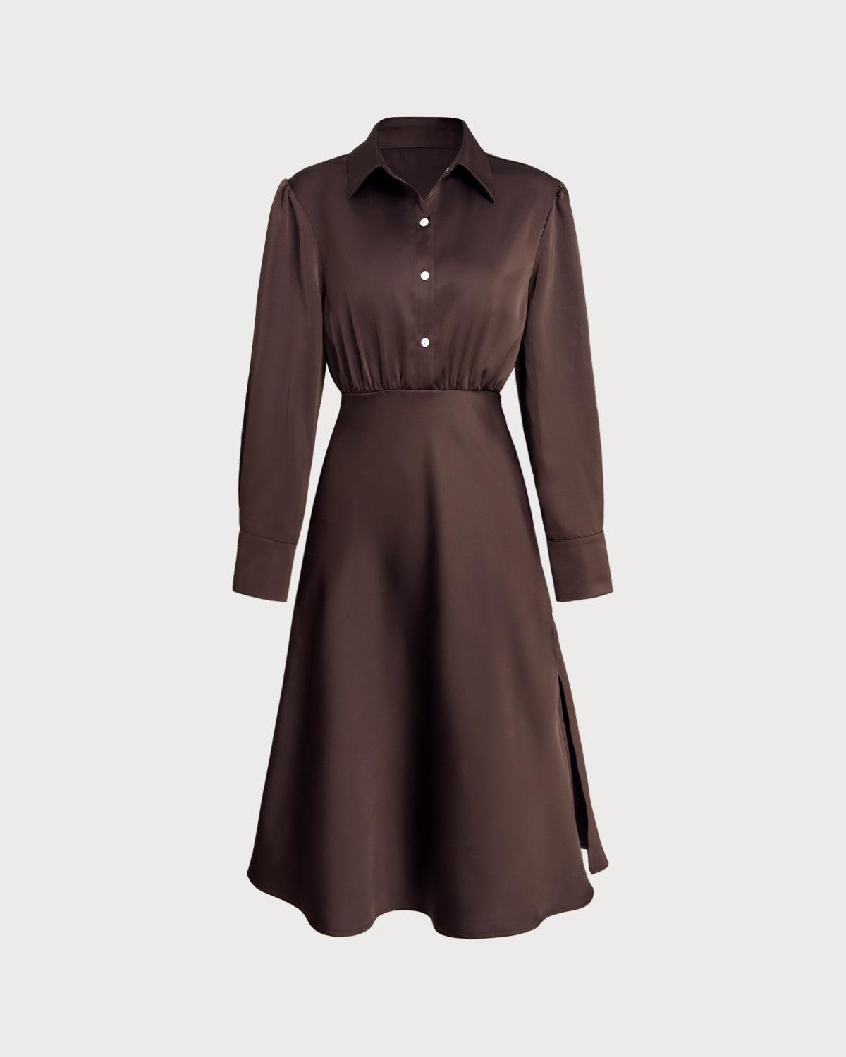 Coffee Ruched Button Midi Dress Product Image