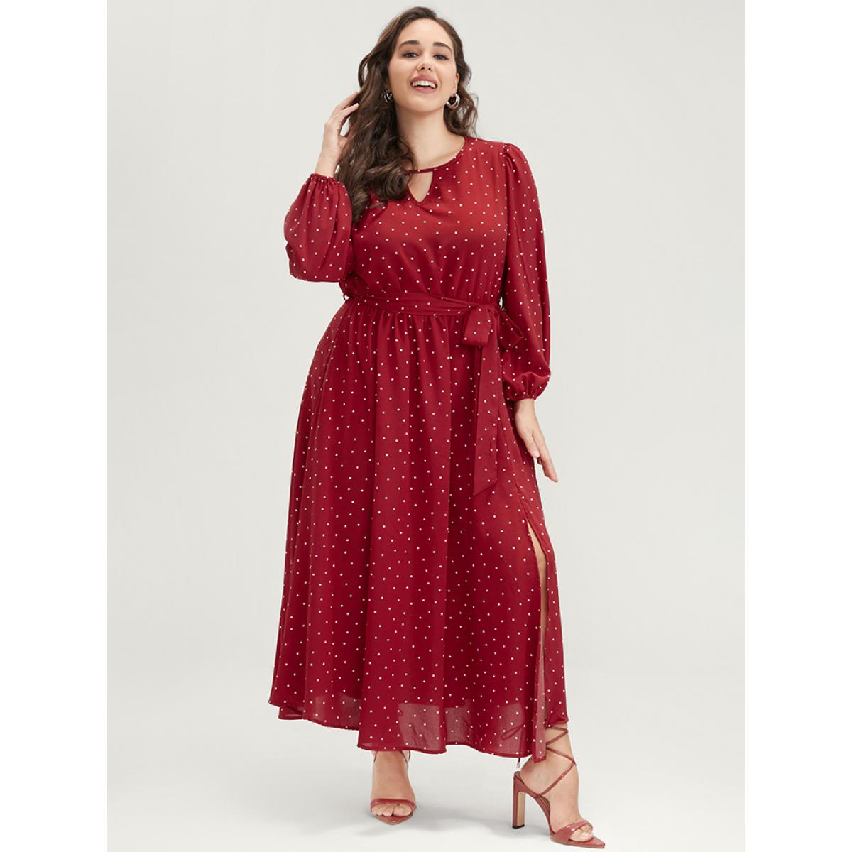 Plus Size Polka Dot Keyhole Round Neck Pocket Belted Ruffle Dress Scarlet Women Elegant Belted Round Neck Long Sleeve Curvy Long Dress BloomChic 14-16/1X Product Image