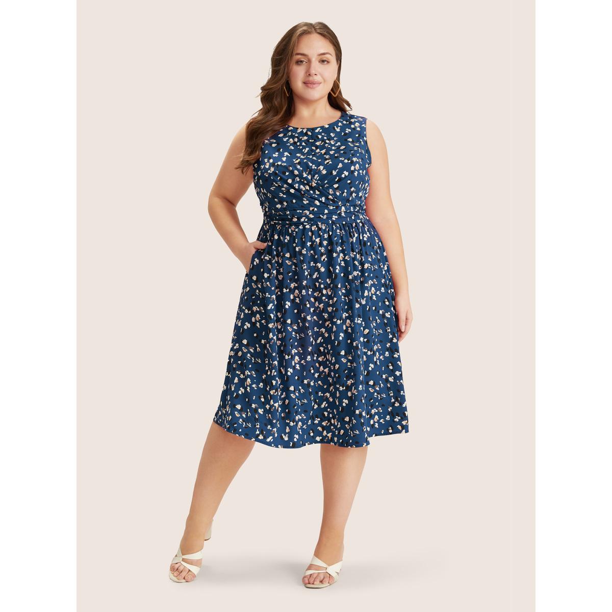 Plus Size Allover Print Pocket Flutter Crossover Ruched Tank Dress Burgundy Women Elegant Twist Round Neck Sleeveless Curvy Midi Dress BloomChic 30/6X Product Image