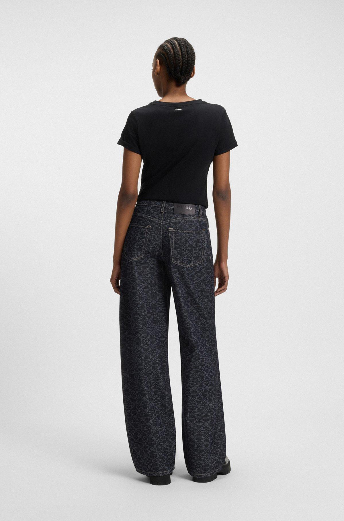 HUGO - Super-wide-leg jeans in monogram laser-print denim - Dark Blue Product Image
