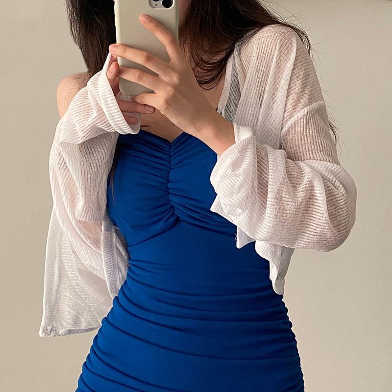 Long Sleeve Ribbed-Knit Light Crop Cardigan / Spaghetti Strap Mini Bodycon Dress Product Image