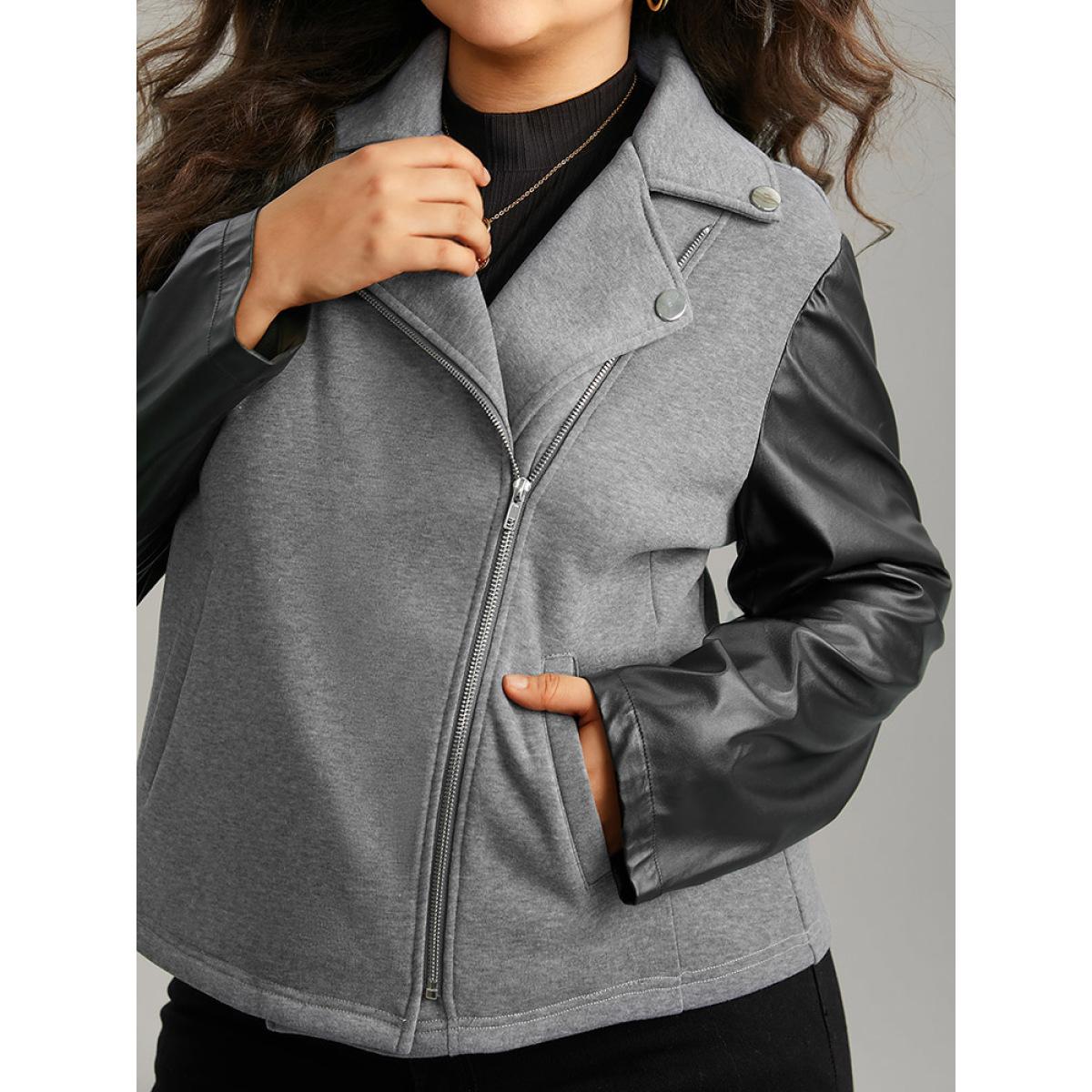 Plus Size PU Leather Zipper Contrast Button Detail Jacket Women Black Contrast Pocket Dailywear Jackets BloomChic 26/4X Product Image