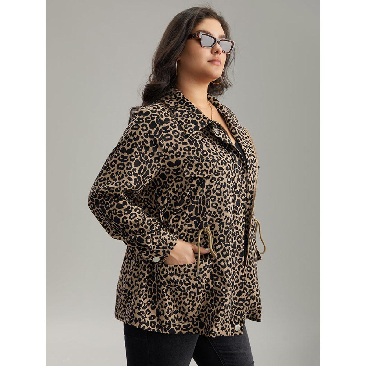 Plus Size Leopard Zipper Drawstring Knot Pocket Jacket Women LightBrown Contrast Pocket Dailywear Jackets BloomChic 22-24/3X Product Image