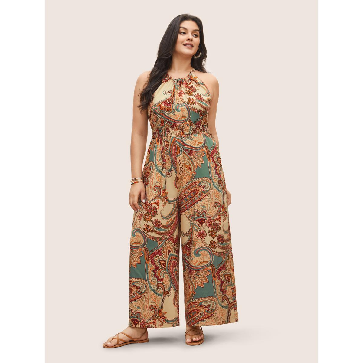 Plus Size Emerald Paisley Print Halter Shirred Elastic Waist Jumpsuit Women Resort Sleeveless Halter neck Vacation Loose Jumpsuits BloomChic 30/6X Product Image