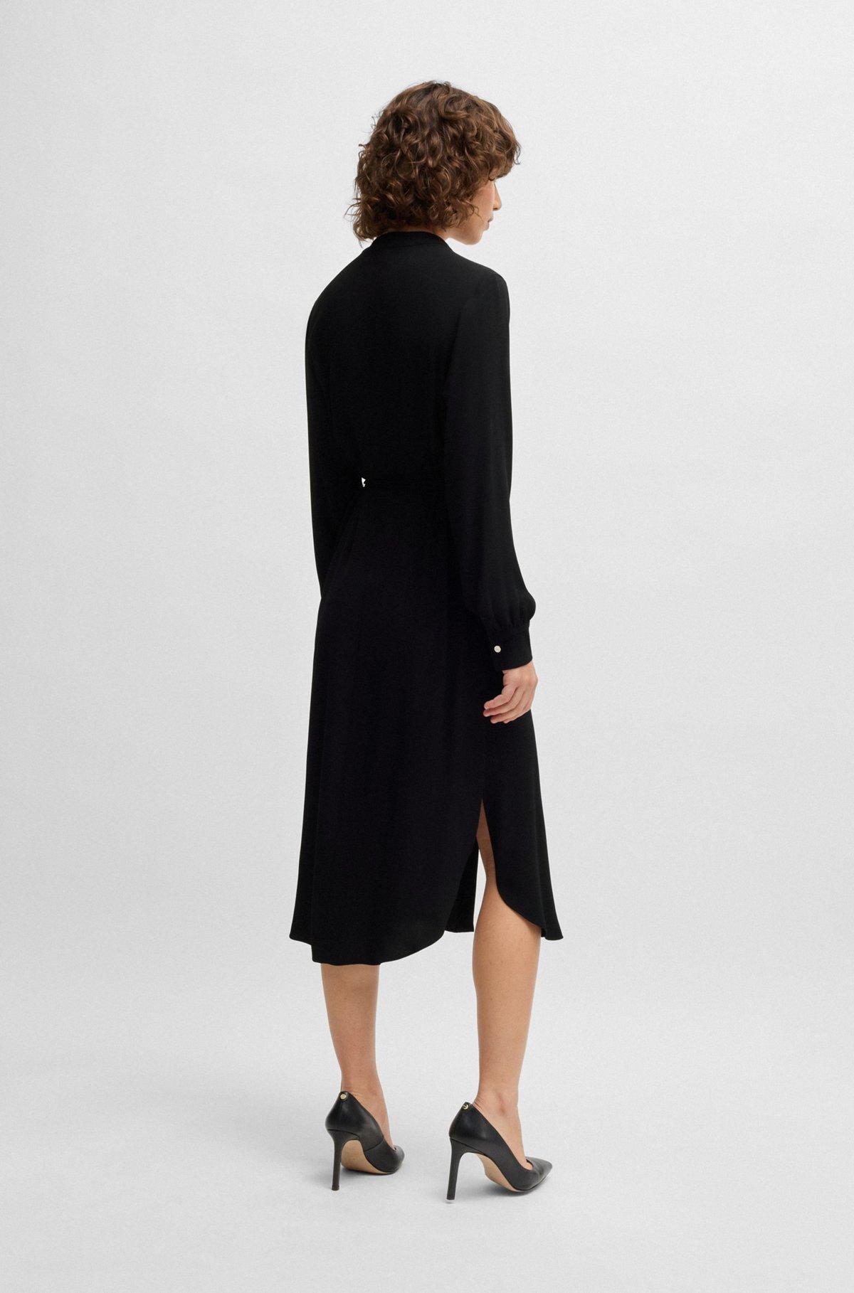 Belted dress with collarless V neckline and button cuffs Product Image