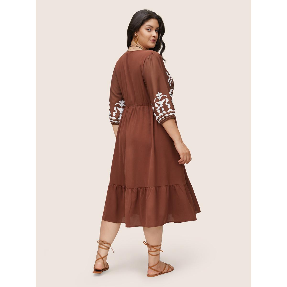 Plus Size Geometric Surplice Neck Flutter Layered Hem Dress Rust Women Vacation Elastic cuffs Overlap Collar Elbow-length sleeve Curvy Midi Dress BloomChic 26/4X Product Image