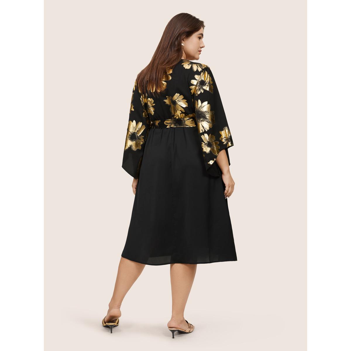 Plus Size Floral Glitter Belted Keyhole Flutter Sleeve Dress Black Women Glamour Gathered Keyhole Cut-Out Elbow-length sleeve Curvy Midi Dress BloomChic 28/5X Product Image