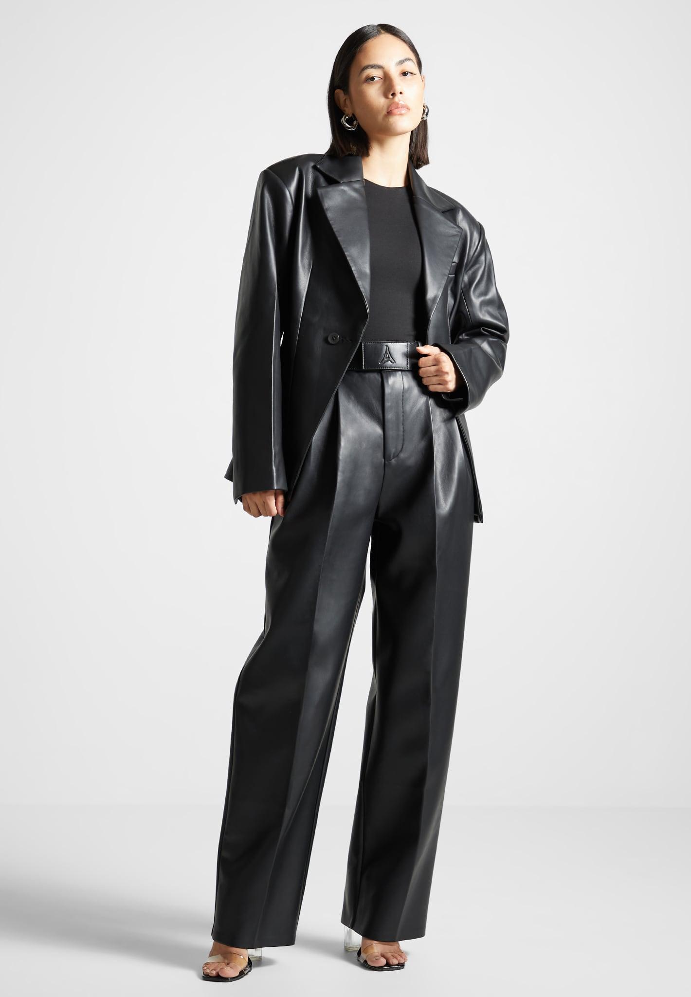 Leather Pleated Trousers with Eiffel Belt - Black Female Product Image