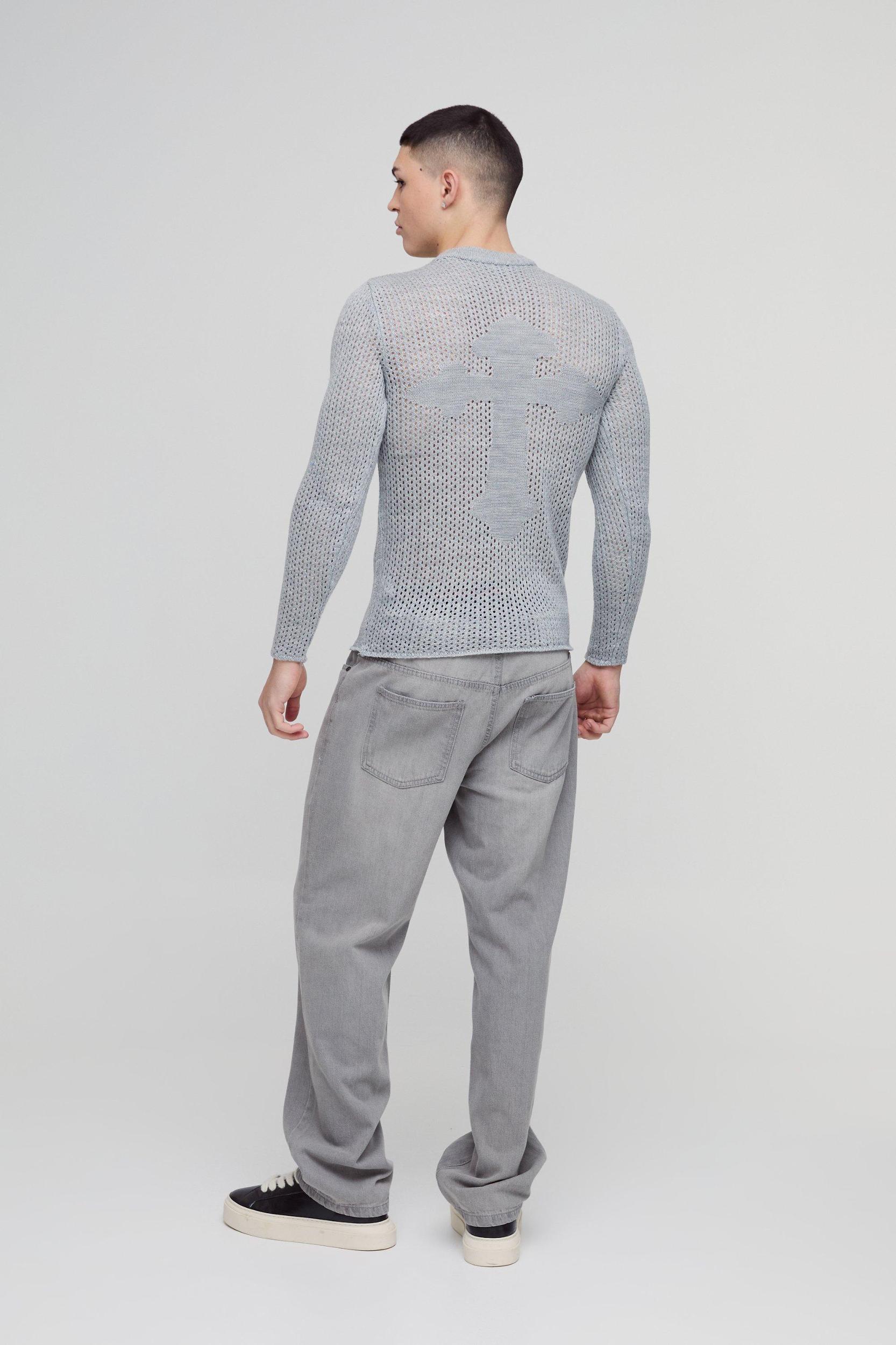 Muscle Fit Open Stitch Cross Graphic Long Sleeve Knitted T-Shirt | boohooMAN USA Product Image