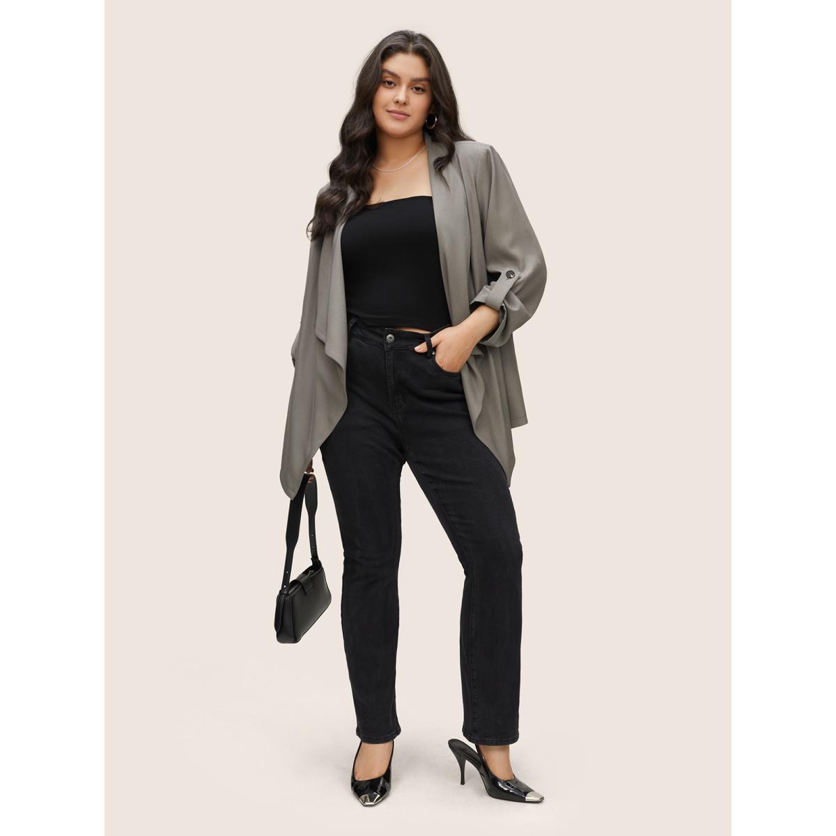 Plus Size Lapel Collar Tab Sleeve Hanky Hem Blazer Gray Women Everyday Plain Non Sleeve Long Sleeve Lapel Collar 10/M Slanted pocket Casual Blazers BloomChic Product Image
