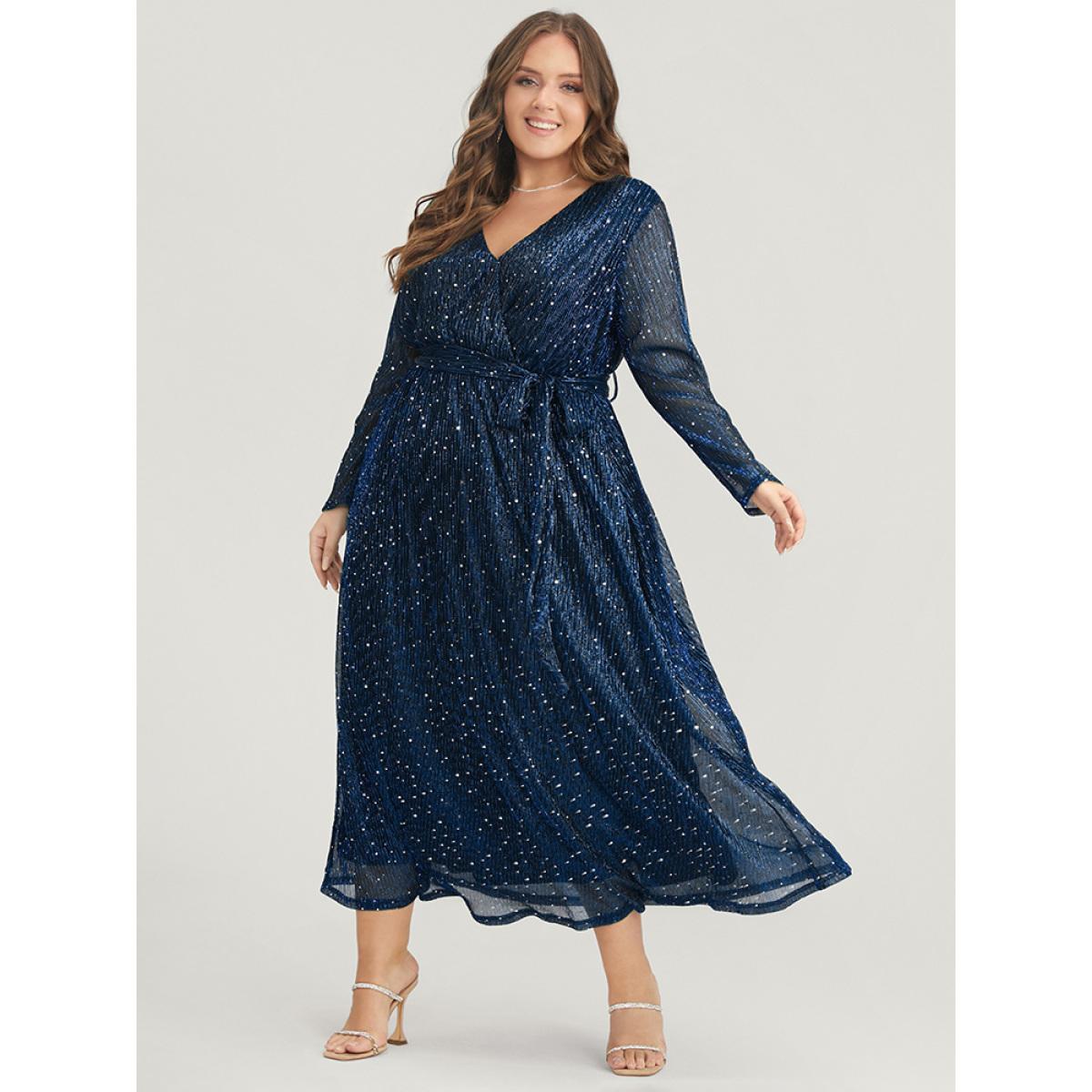 Plus Size Solid Pocket Wrap Belted Sequin Mesh Maxi Dress DarkBlue Women Cocktail Belted V-neck Long Sleeve Curvy Long Dress BloomChic 30/6X Product Image
