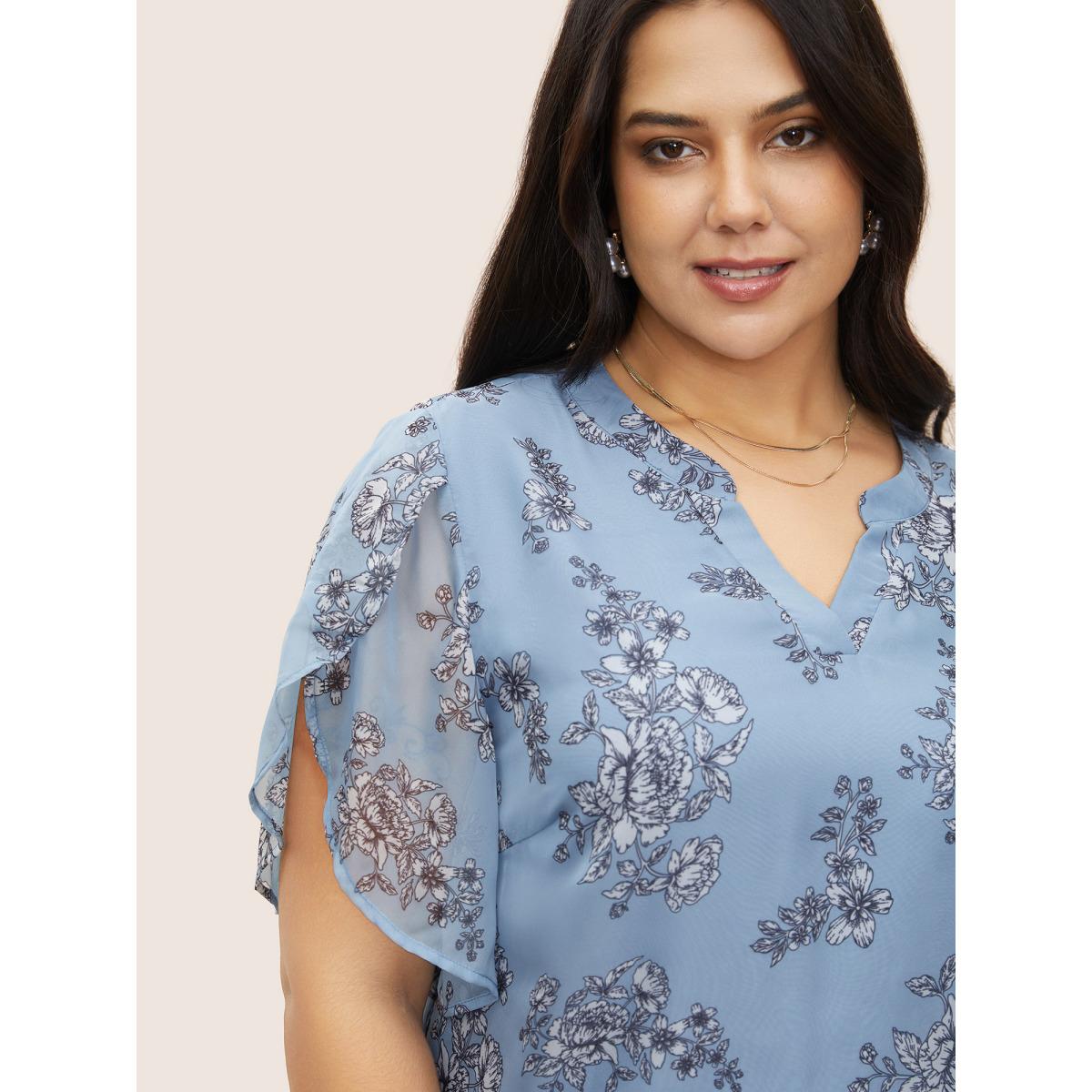 Plus Size Stone Chiffon Floral Print Flat Collar With V Notch Petal Sleeve Blouse Women Elegant Short sleeve V-neck Everyday Blouses BloomChic 18-20/2X Product Image