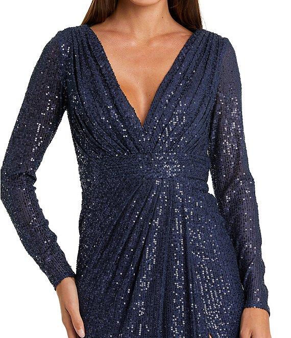 Ieena for Mac Duggal Long Sleeve Deep Surplice V-Neck Sequin Thigh High Slit Gown Product Image