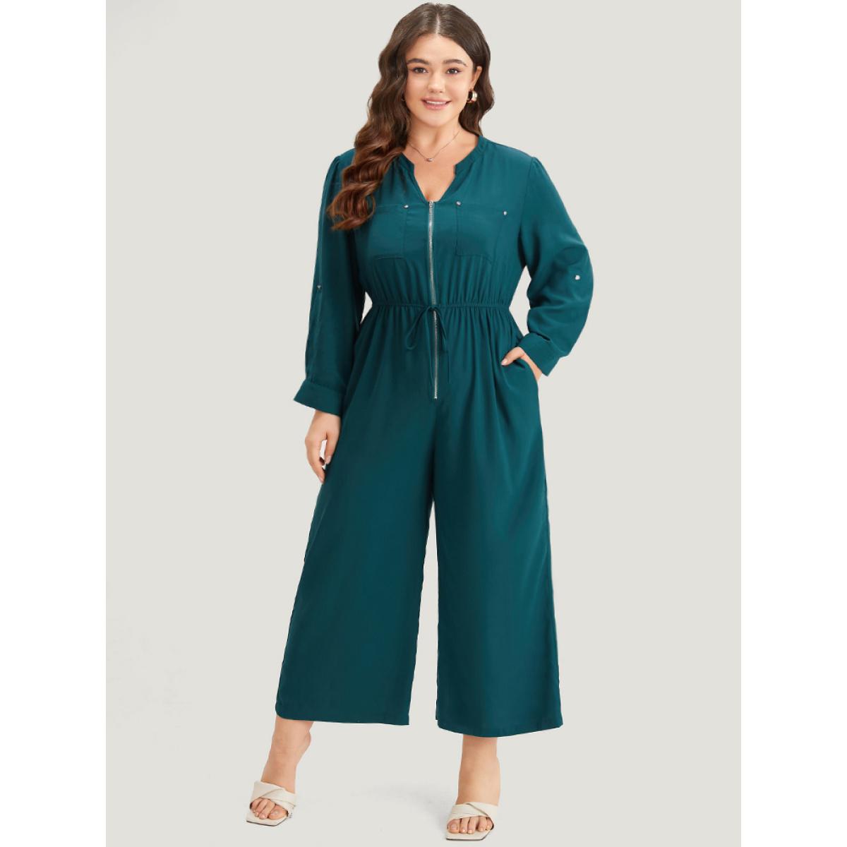 Plus Size Aegean Notched Zipper Gathered Drawstring Jumpsuit Women Office Long Sleeve Notched collar Office Loose Jumpsuits BloomChic 12/L Product Image