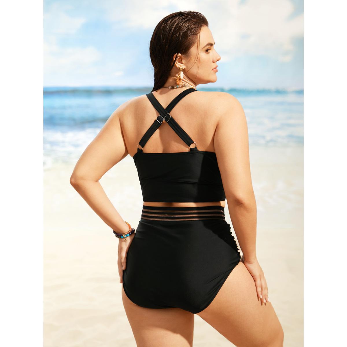 Plus Size Overlap Collar Woven Ribbon Back Crisscross Swim Top Women's Swimwear Black Beach Woven ribbon&lace trim High stretch Skinny Overlap Collar Curve Swim Tops BloomChic 14-16/1X Product Image