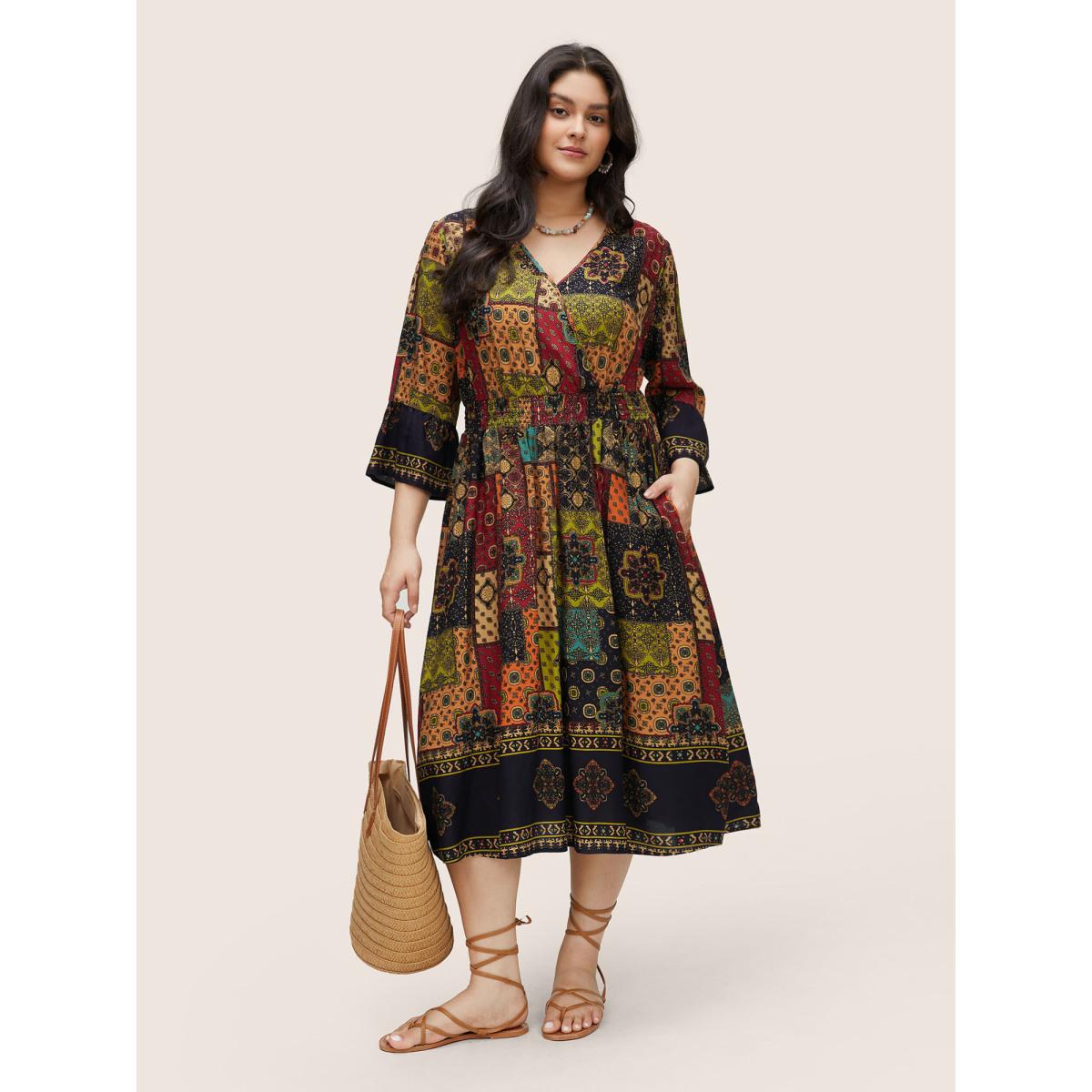 Plus Size Moroccan Print Shirred Elastic Waist Wrap Dress DarkBlue Women Resort Non Overlap Collar Elbow-length sleeve Curvy Midi Dress BloomChic 14-16/1X Product Image