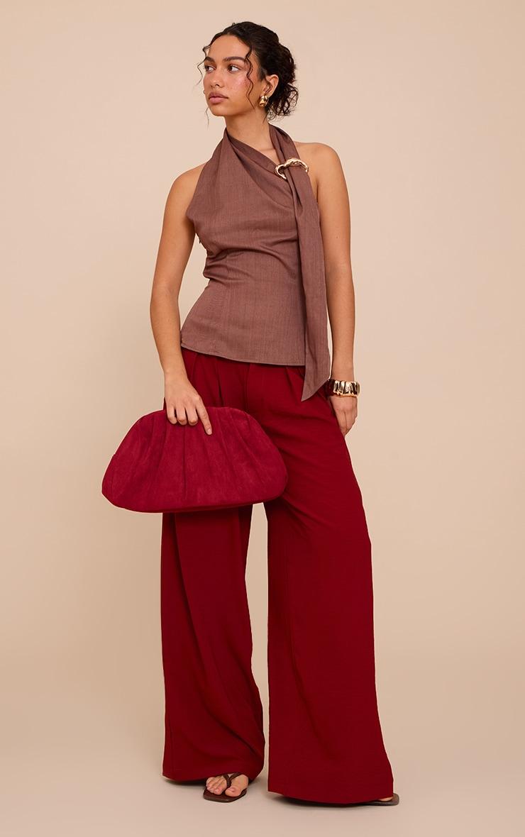 Brown Woven Trim Wrap Scarf Detail Longline Top Product Image