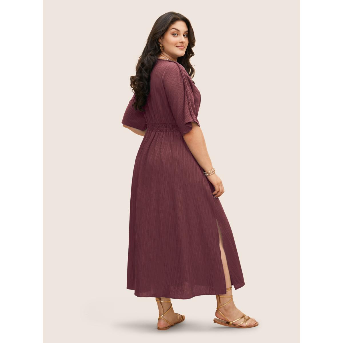 Plus Size V Neck Shirred Contrast Webbing Split Side Dress Burgundy Women Resort Texture V-neck Half Sleeve Curvy BloomChic 18-20/2X Product Image