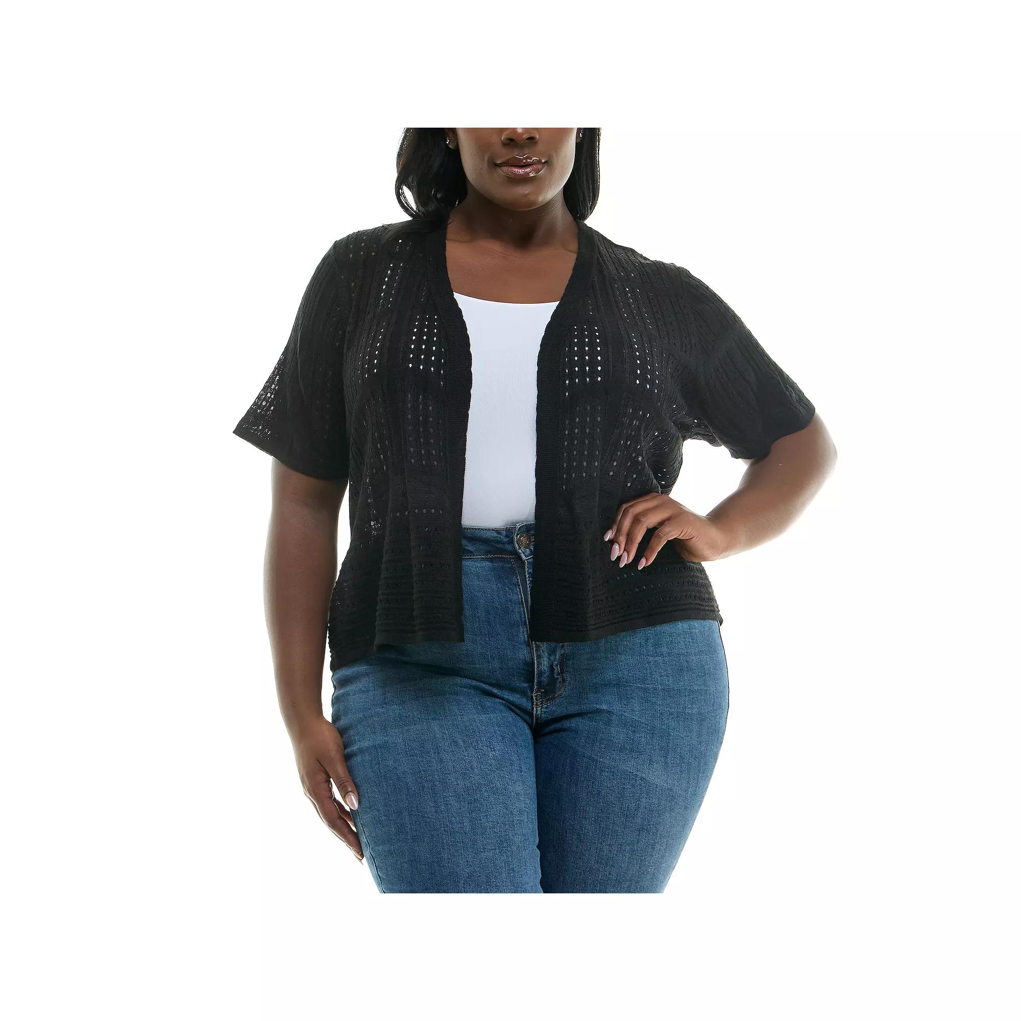 Plus Size Nina Leonard Open Front Crochet Bolero, Women's, Size: 2XL, Black Product Image