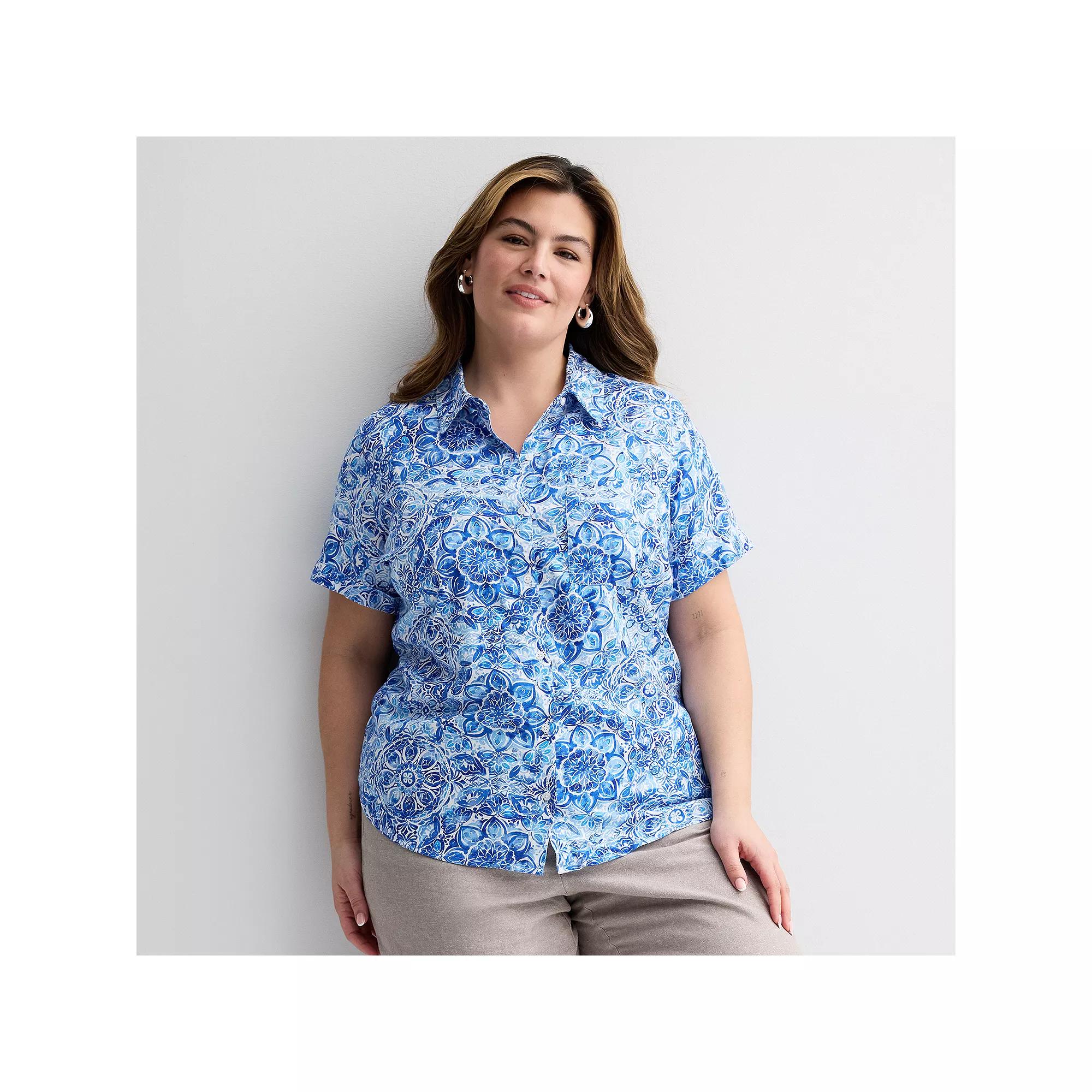 Plus Size Croft & Barrow® Camp Shirt, Women's, Size: 2XL, Blue Watercolor Tile Product Image