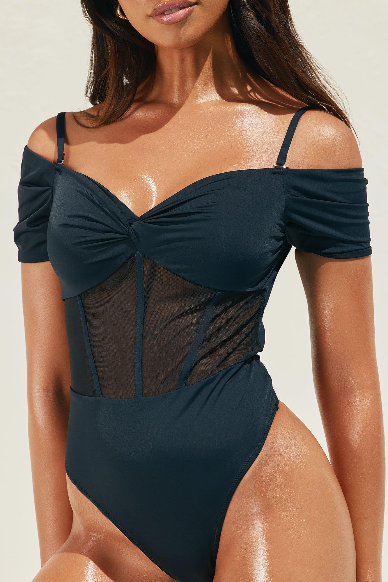 Summer Rendevouz Off Shoulder Corset Mesh Cutout 1 Piece Swimsuit - Black Product Image