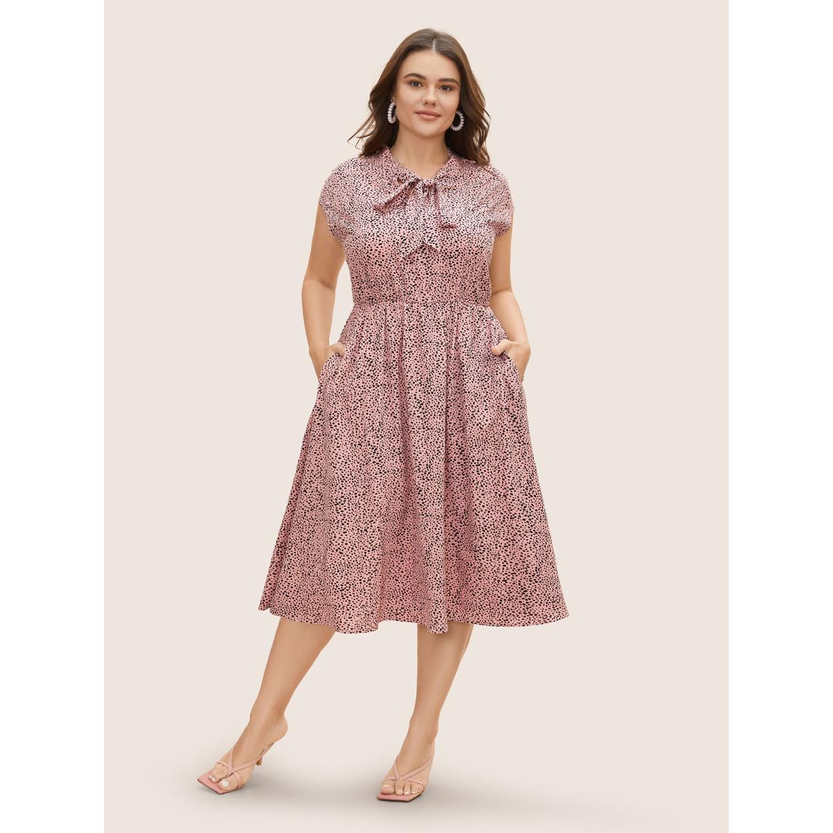 Plus Size Asymmetrical Polka Dot Tie Knot Midi Dress Beanpastepowder Women Elegant Tie knot Ribbon-tied collar Cap Sleeve Curvy BloomChic 30/6X Product Image