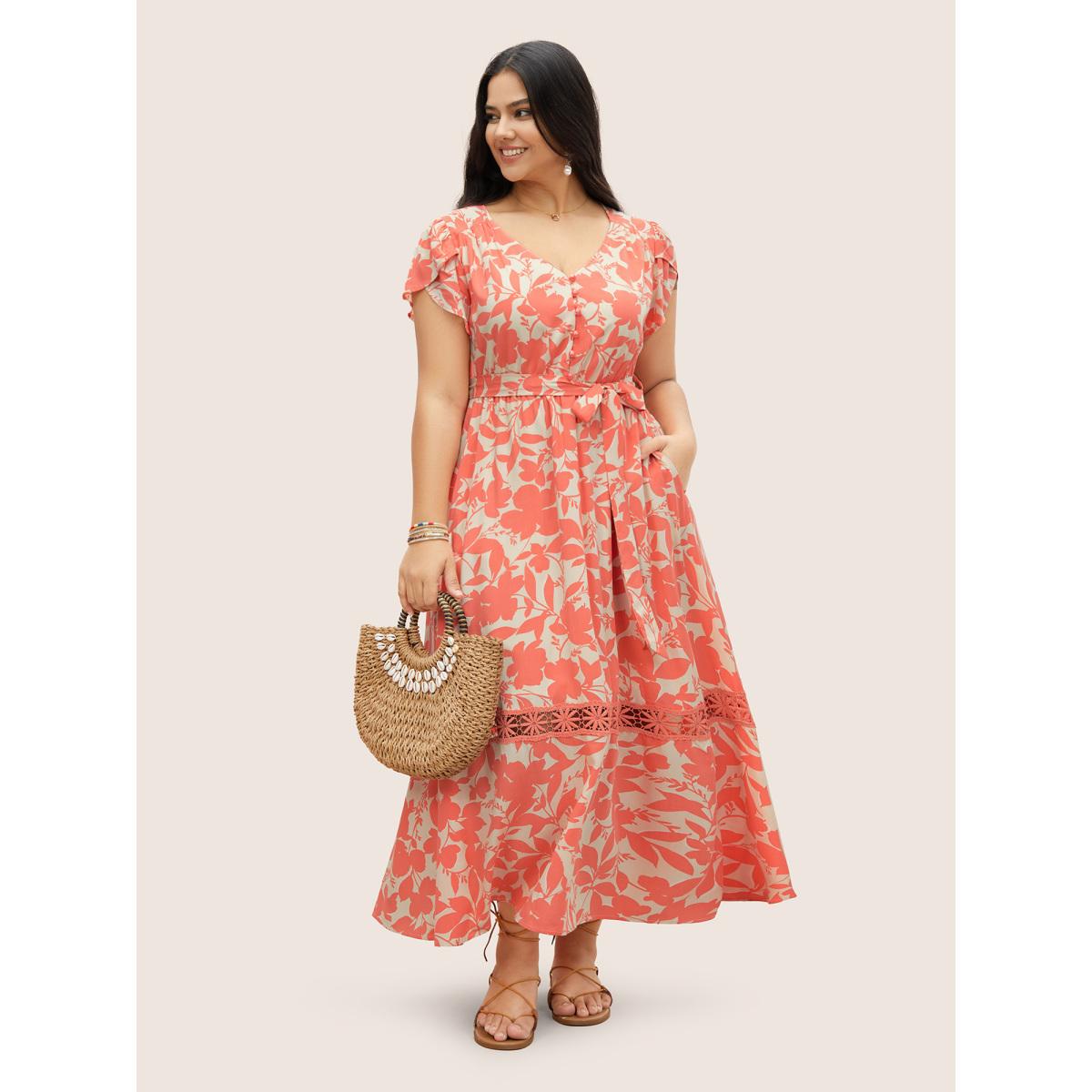 Plus Size Silhouette Floral Print Lace Trim Petal Sleeve Dress Salmon Women Resort Overlapping V-neck Cap Sleeve Curvy Midi Dress BloomChic 26/4X Product Image