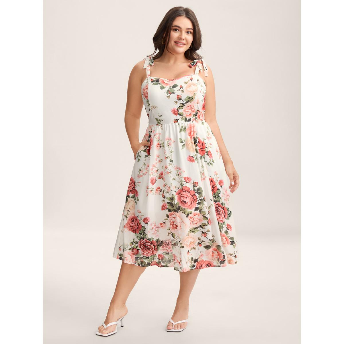 Plus Size Rosy Print Bow Strap Pockets Midi Dress Originalwhite Women Romantic Non Sleeveless Curvy BloomChic 22-24/3X Product Image