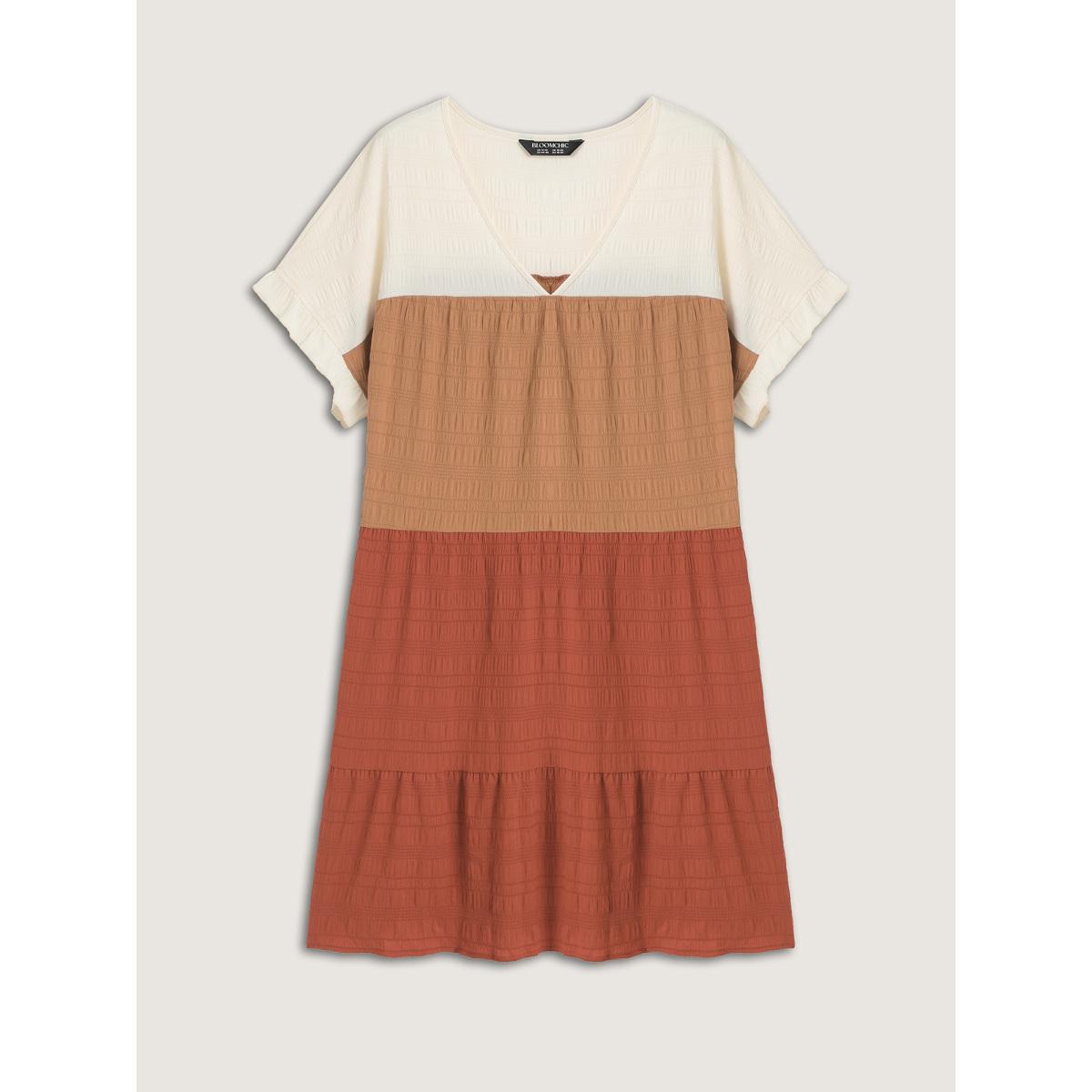 Plus Size Textured Color Block Tiered Midi Dress Multicolor Women Leisure V-neck Short sleeve Curvy BloomChic 12/L Product Image