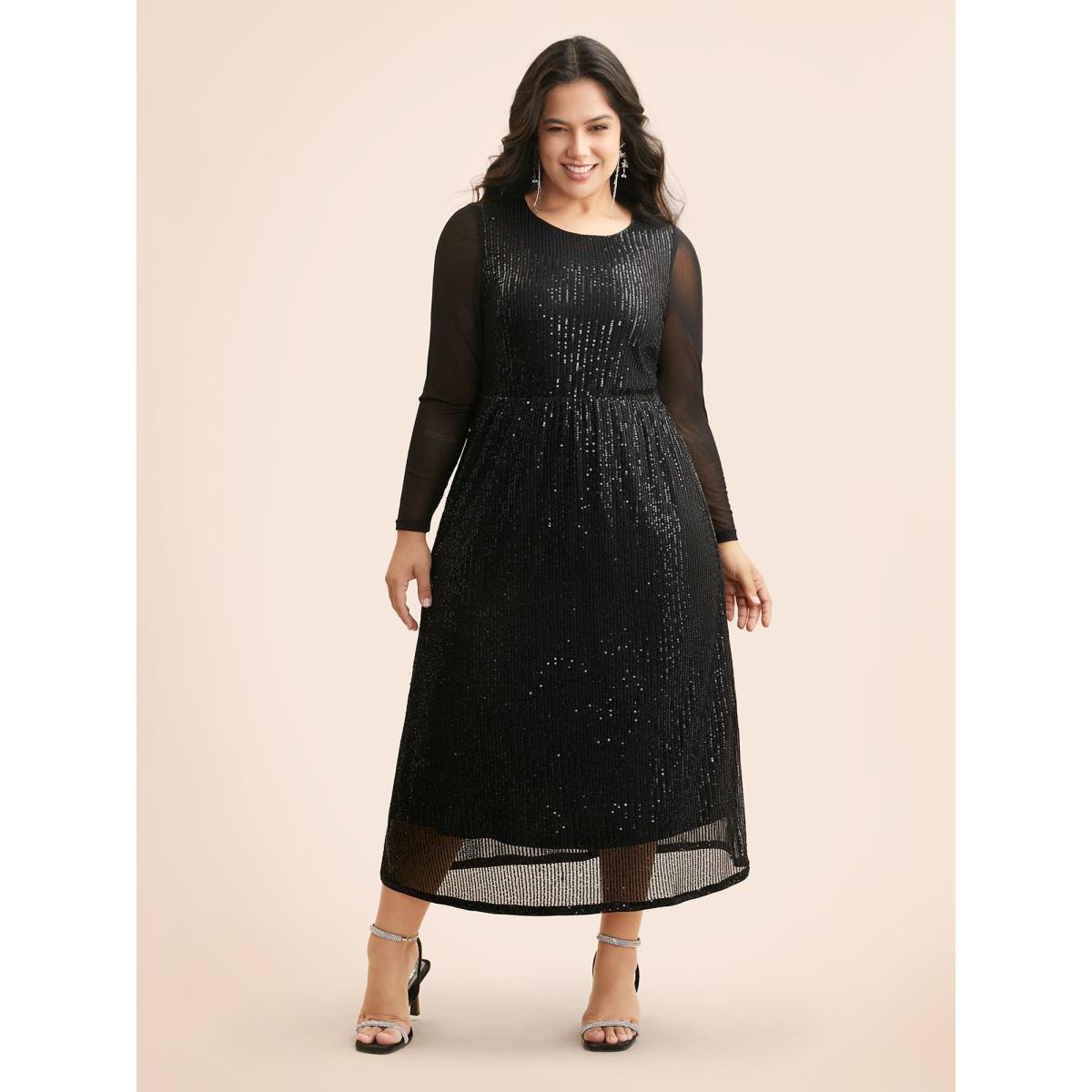 Plus Size Crew Neck Patchwork Sequin Mesh Dress Black Women Cocktail Texture Party Curvy Bloomchic 18-20/2X Product Image