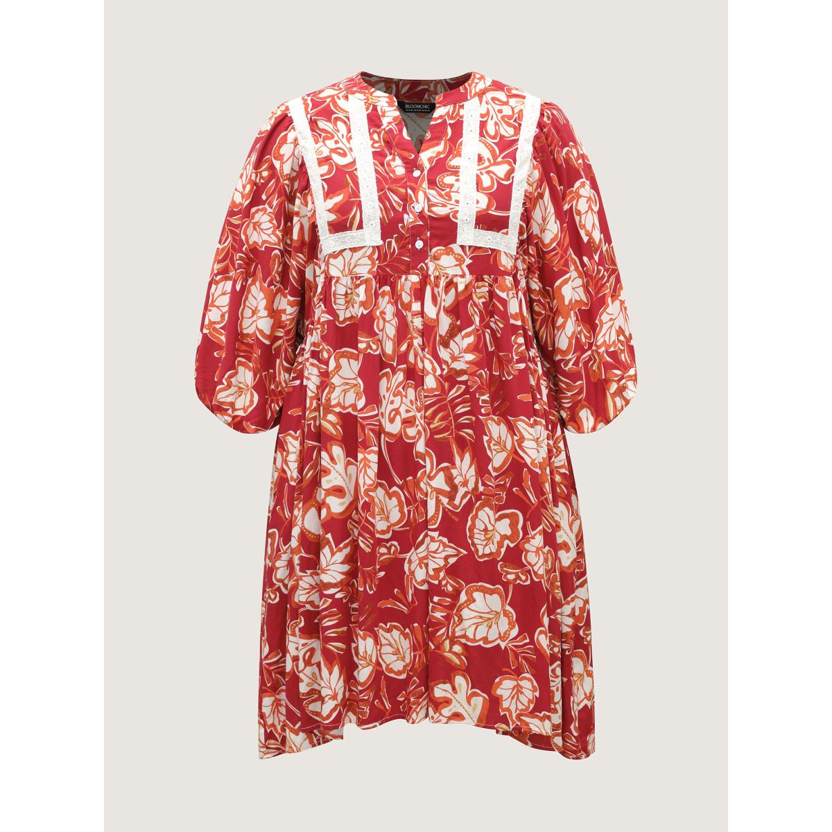 Plus Size Floral Lace Trim Button Front Midi Dress Raspberry Women Flat collar with V-notch Elbow-length sleeve Curvy BloomChic 22-24/3X Product Image