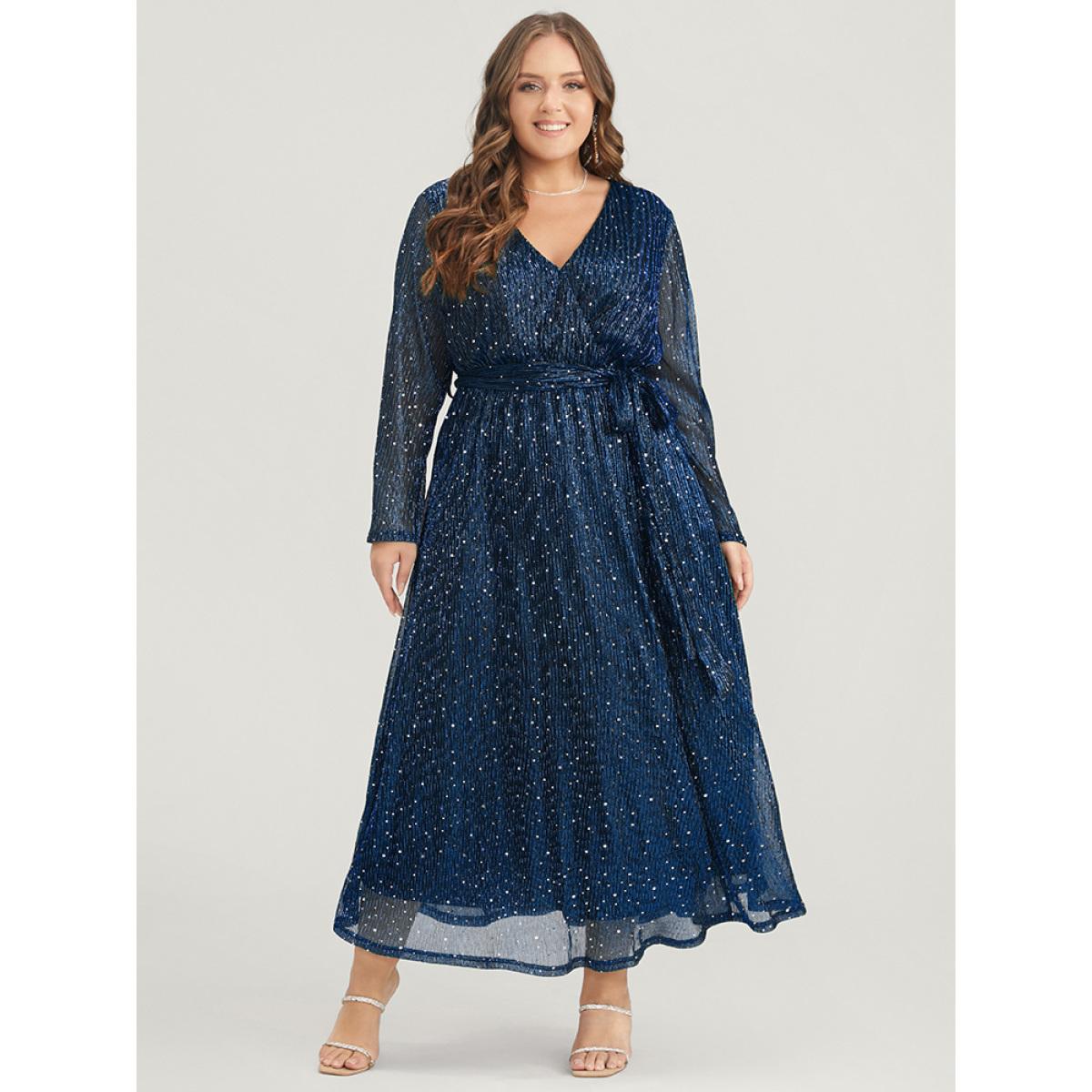 Plus Size Solid Pocket Wrap Belted Sequin Mesh Maxi Dress DarkBlue Women Cocktail Belted V-neck Long Sleeve Curvy Long Dress BloomChic 30/6X Product Image