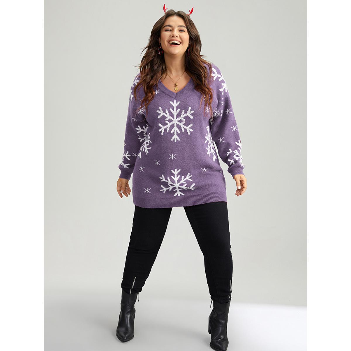 Plus Size Anti-Pilling Snowflake Print Pullover Mauve Women Casual Loose Long Sleeve V-neck Dailywear Pullovers BloomChic 10/M Product Image